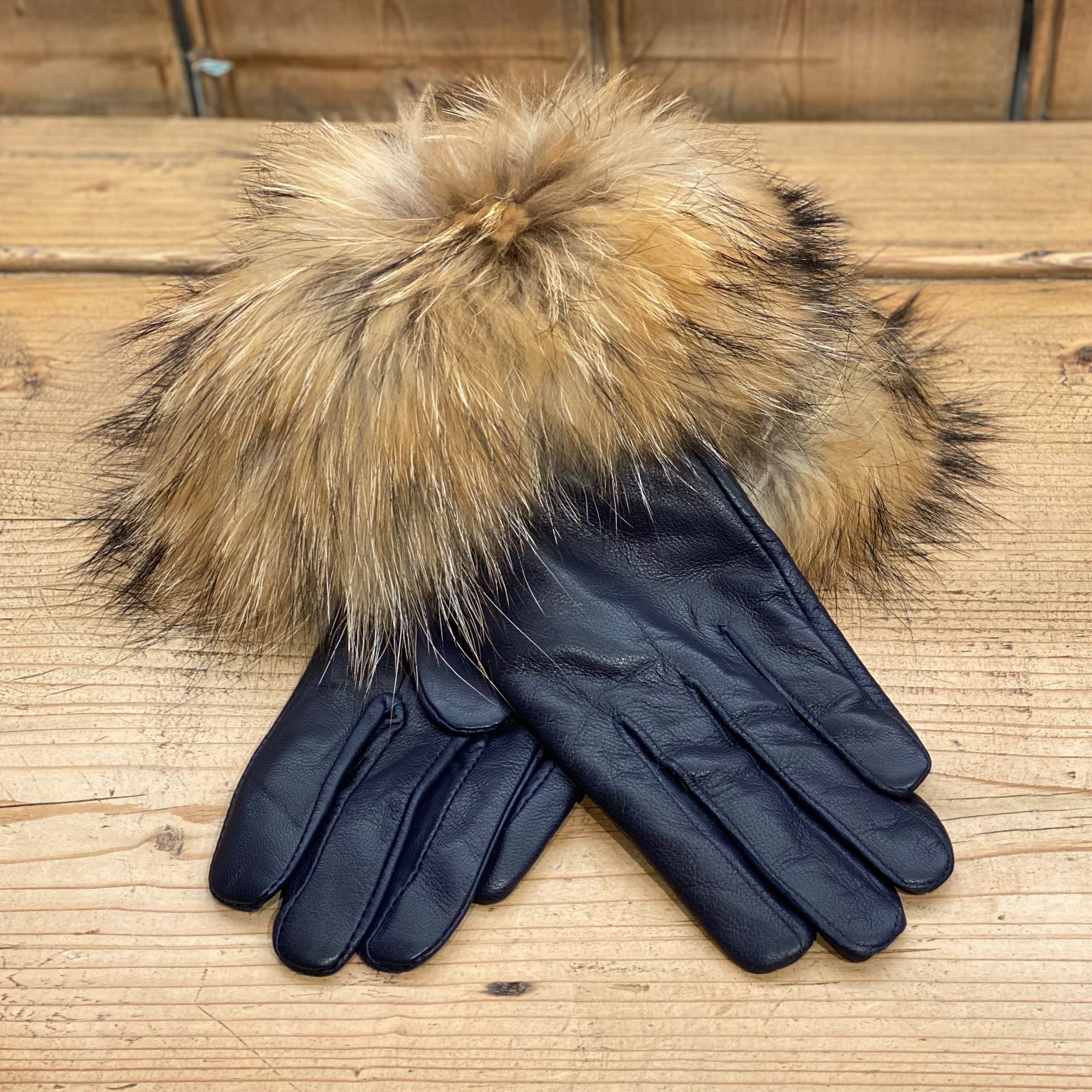 London Gloves Luxury navy with natural Racoon Trim Caroline Nicholls