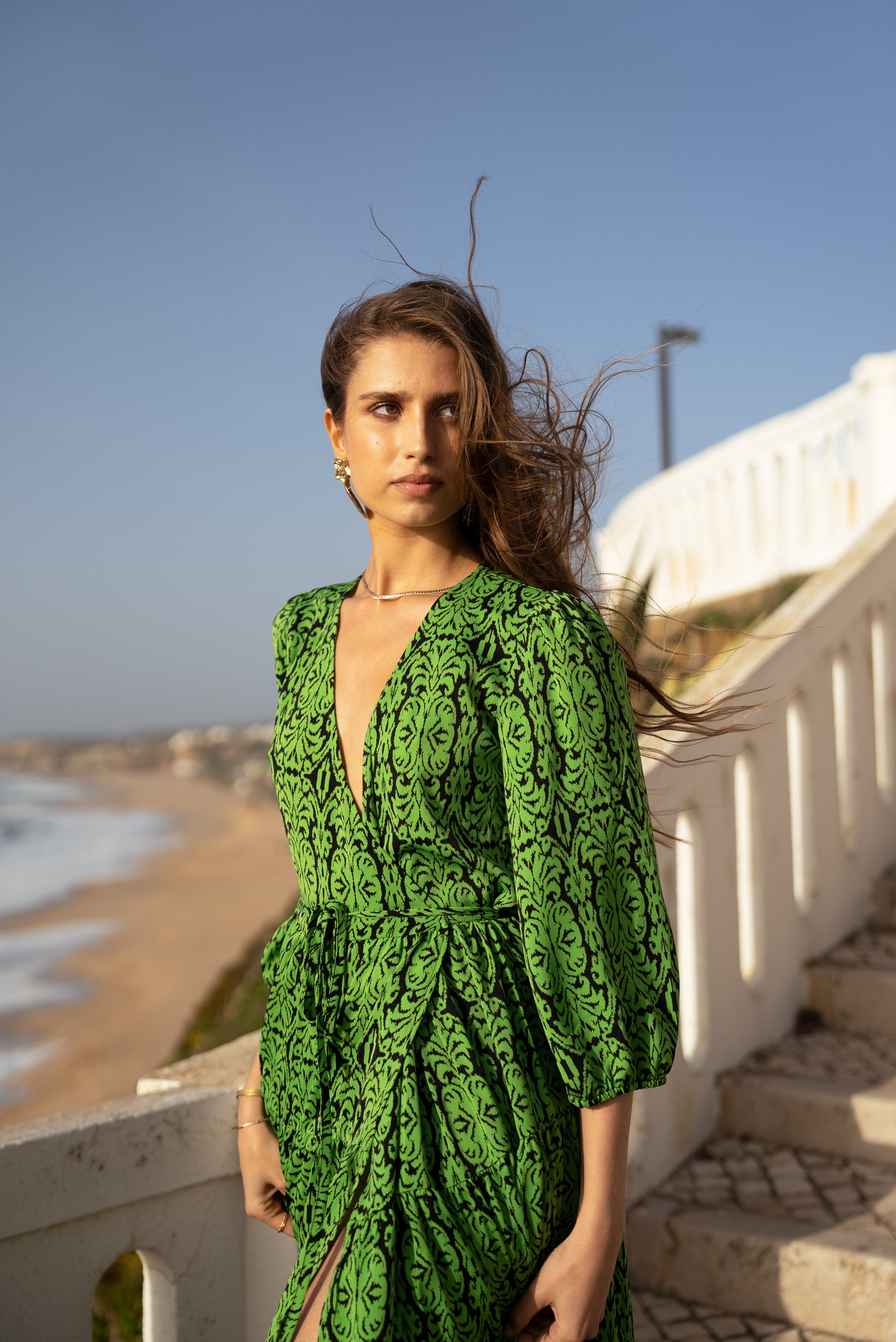 Elsa Green Black Long Sleeve Wrap Dress